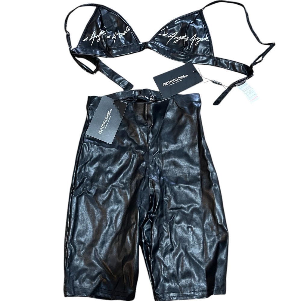 PrettyLittleThing Black Faux Leather Bikini Top Bikers Shorts Set
